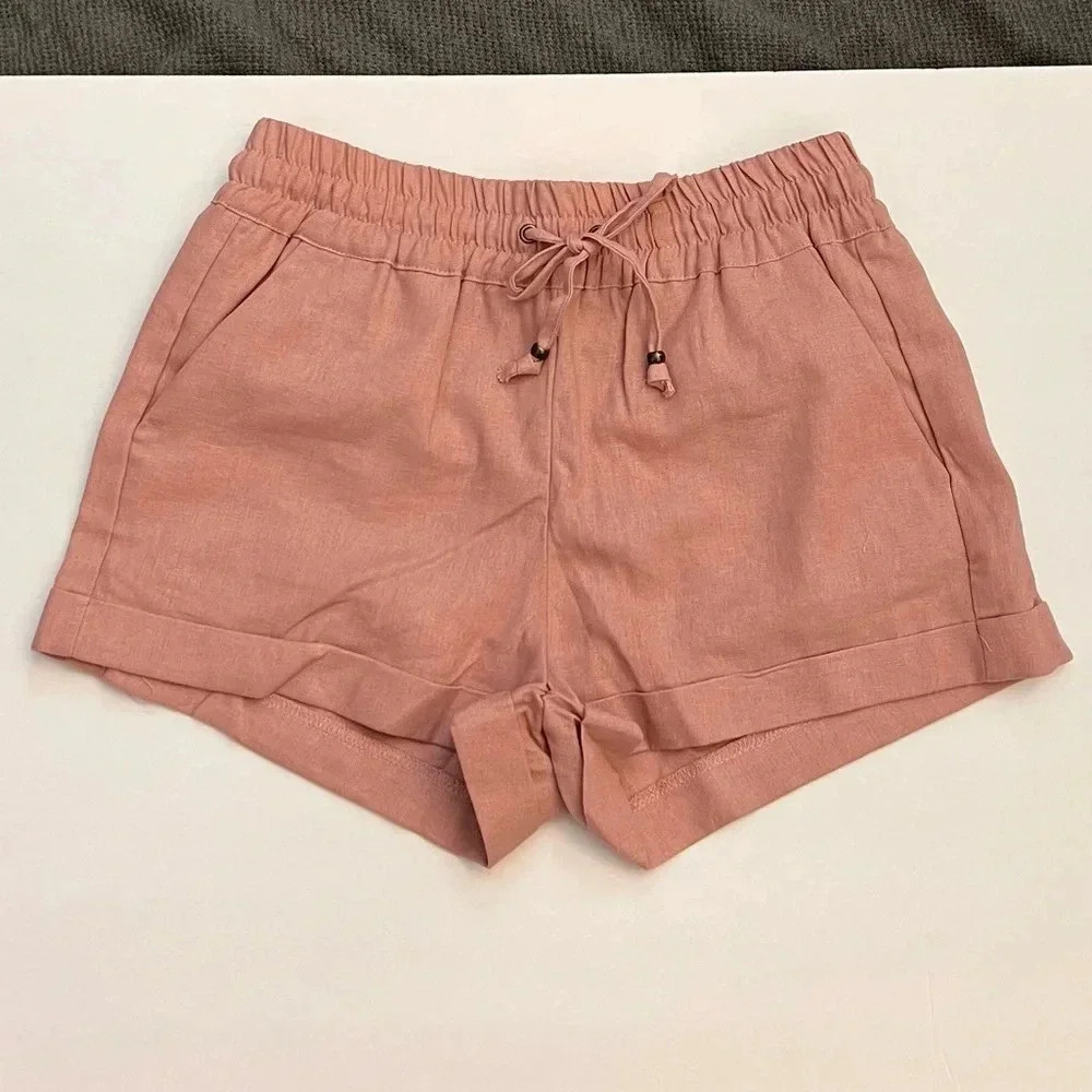 Linen Shorts Drawstring Pull-On Style Side Pockets Smocked Elastic Waist Cuffed